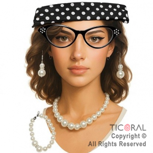 SET DISFRAZ VINCHA LUNARES ANTEOJOS COLLAR ARITOS Y PULSERA CON PERLAS x 1
